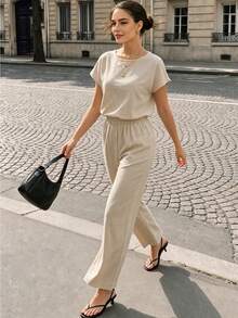 Beige Linen Blend 2 Pieces Outfit, Elegant Casual Summer Vacation Short Sleeve Top Wide Leg Pants Matching Set For Women - Apricot - View 8