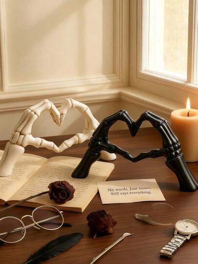 1 pieza Decoración de escritorio con gesto de mano, estatua de pareja de esqueletos, adorno creativo para boda y hogar, pequeña escultura con forma de corazón y mano, adecuada para sala de estar, estantería, mesa de café, decoración del hogar, dormitorio, oficina, uso estudiantil, regalo de Halloween, regalo de San Valentín de invierno