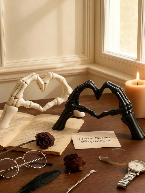 1 pieza Decoración de escritorio con gesto de mano, estatua de pareja de esqueletos, adorno creativo para boda y hogar, pequeña escultura con forma de corazón y mano, adecuada para sala de estar, estantería, mesa de café, decoración del hogar, dormitorio, oficina, uso estudiantil, regalo de Halloween, regalo de San Valentín de invierno