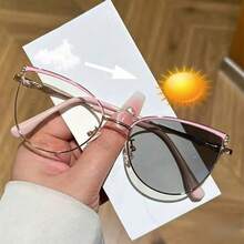 Cat Eye Metal Texture Minimalist Photochromic Lens Casual Travel Decorative Glasses For Women - Dusty Pink - View 13
