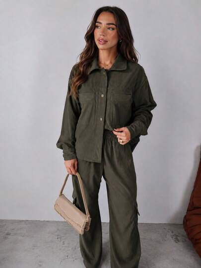 Conjunto Feminino em Veludo Cotelê Calça Cargo Casual Elegante
