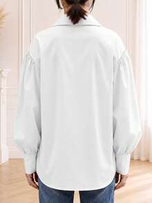 Camisa casual de manga farol con cuello vuelto, blanca para primavera - Blanco - Ver 4