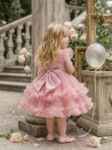 Vestido de novia lindo con lazo y tul para niñas bebé, adecuado para fiesta de cumpleaños, diadema no incluida - Rosa vieja - Ver 3
