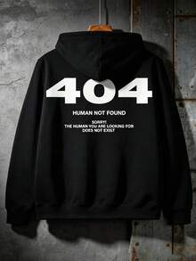 Plus Size Men's Hoodie, Tall Men, Men's Streetwear Series, 404 ERROR Minimalist English Slogan Text Print, Hooded Design, Kangaroo Pocket, Suitable For Plus Size Body, Casual Print, Suitable For Daily Wear - Black - View 5