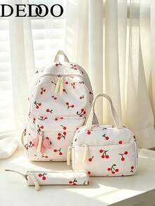Dedoo 3pcs Cherry Print Backpack, Lunch Bag, Pencil Case Set With Bow Pendant, Multi-Layer Large Capacity, Cute Sweet Japanese Student Style, Daily Travel - Multicolor - View 3
