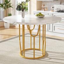 Round Dining Table (80 X 80 X 76 Cm), Lightweight And Luxurious Round Table For 4-6 People, Suitable For Dining Room And Living Room, MDF Tabletop In Marble Look, Gold Legs - 金色 - 查看 2