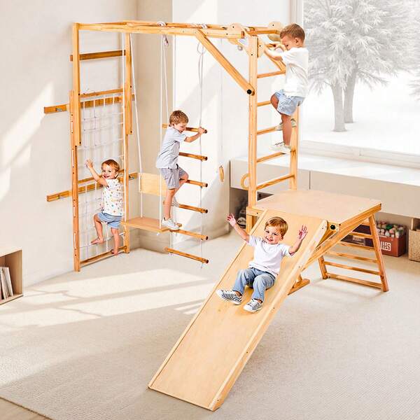 Indoor Playground Jungle Gym, 8-In-1 Wooden Indoor Playground For Kids, 220LBS Montessori Climbing Toys Playset With Slide, Swing, Monkey Bar, Gym Rings, Wooden / Rope Ladder, Climbing Net & Bar