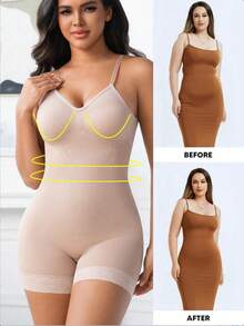 1pc Seamless Shapewear Plus Size Women Waist Cincher Tummy Control Butt Lift Backless Lace Trim Jumpsuit - Apricot - View 2