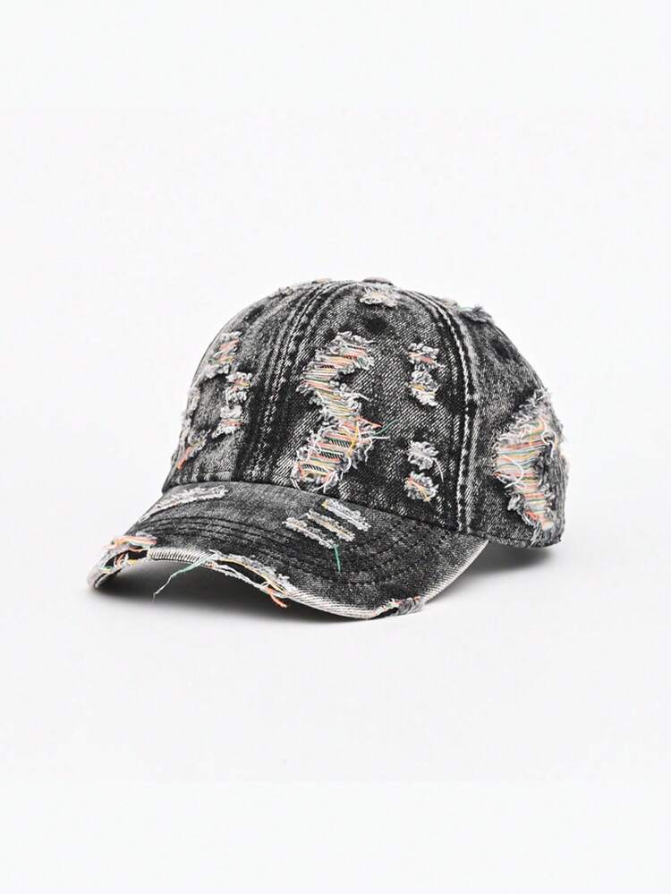 1pc Washed Distressed Ripped Denim Baseball Cap, Unisex Couple Matching Hat, Outdoor Versatile All-Season Soft Crown Curved Brim Cap - Multicolor - View 17