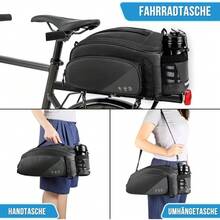 12-Liter-Fahrradtasche mit Regenhülle und reflektierenden Details, wandelbare Schultertasche mit Flaschenhalter – ideal für regnerische Fahrten, Einkäufe und lange Fahrradtouren - Schwarz - Übersicht 3