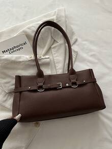 1pc Coffee Brown Metal Rivet Decor Large Capacity Solid Color PU Tote Bag Women's Shoulder Bag - Coffee Brown - View 3