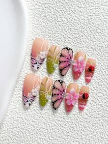10Pcs Retro Handmade Press On Nail,Polygel Nail Set,Butterfly Flowers Pattern,Black And Pink Nail Polish,Springtime Countryside Style,Includes Nail Tools,3 Sizes Available,Almond Nails,Duck Nails,Coffin Nails For Party,Dance,Daily Wear. - 彩色 - 查看 12