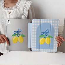 1pc Blue Plaid Lemon Bow Print Tablet Protective Case, Compatible With IPad PRO/AIR, Pad 5/6/7, MatePad - Multicolor - View 5