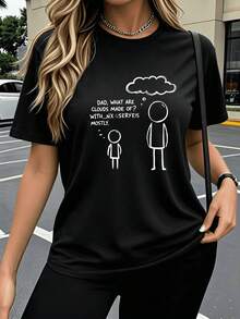 Camiseta Casual Divertida con Estampado Gráfico para Mujer, 100% Algodón, Estampado de Broma '¿De Qué Están Hechas Las Nubes, Papá?', Verano, Cuello Redondo, Manga Corta, Nueva Camiseta de V - Negro - Ver 1