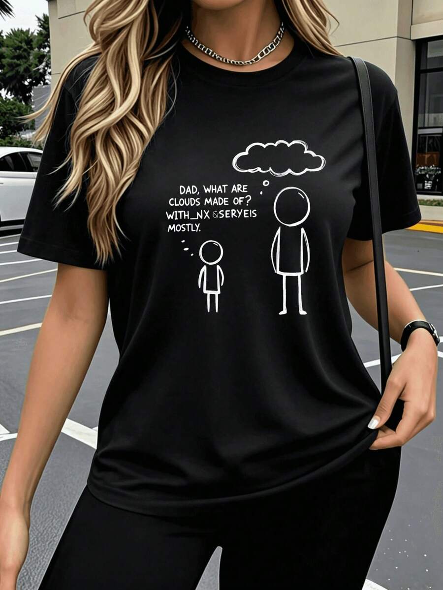 Camiseta Casual Divertida con Estampado Gráfico para Mujer, 100% Algodón, Estampado de Broma '¿De Qué Están Hechas Las Nubes, Papá?', Verano, Cuello Redondo, Manga Corta, Nueva Camiseta de V - Negro - Ver 1