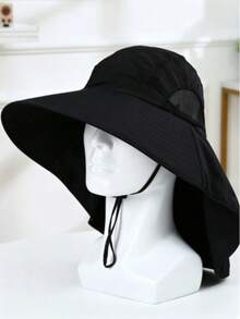 1pc Men's Solid Color Neck Protection Outdoor Sun Protection Hat, Suitable For Hiking, Trekking, Fishing - Black - View 1