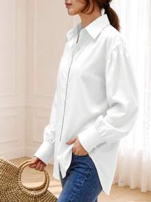 Camisa casual de manga farol con cuello vuelto, blanca para primavera - Blanco - Ver 6