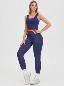 KyrLssu Plain High Rise V Waistback Sports Leggings, Stretch Skinny Workout Running Tights For Daily & Gym Wear - Navy Blue - View 2