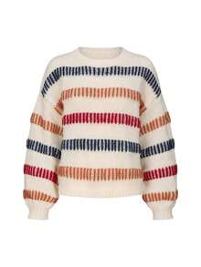 Women's Multicolor Striped Crew Neck Sweater, Long Sleeve Loose Fit Rib-Knit Pullover, Casual Fall Winter Knitwear For Everyday Comfort And Style - Beige - View 5