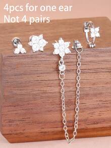 4PCS Fashion Zirconia Flower Tassel Chain Pendant Earrings Set For Women Stainless Steel Clover Ear Stud Cartilage Piercing Jewelry - 4PCS - Silver - View 5