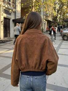 Women's Brown Lapel Zip-Up Short Jacket - Brown - View 2