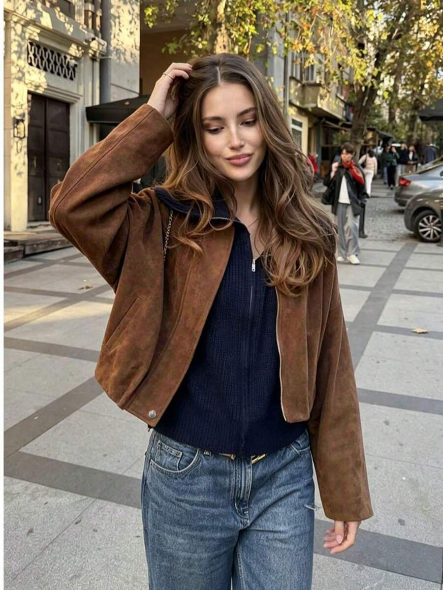 Women's Brown Lapel Zip-Up Short Jacket - Brown - View 1