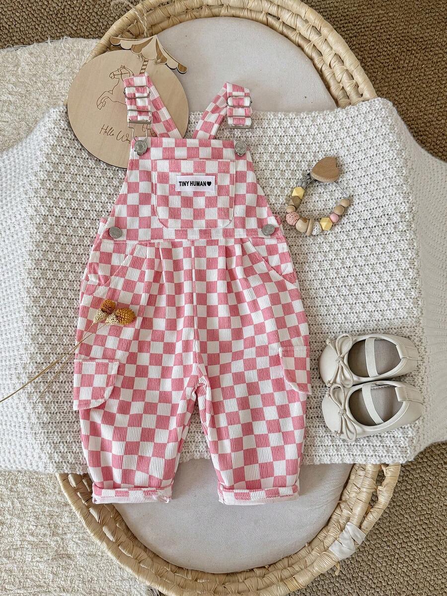 Baby Girls Pink & White Checkered Overalls, Adjustable Shoulder Straps, Cargo Pockets, Loose Casual Long Pants