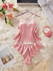Ning xue yan ying Conjunto de 2 piezas de ropa de dormir para mujer de satén sin espalda con diseño cruzado, encaje floral con empalme, escote en V, ribete de lechuga, ropa de estar en casa, ropa de otoño, lencería sexy, pijamas - Rosa - Ver 6