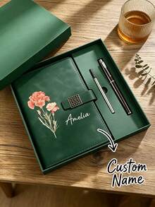 Personalized Birth Flower Notebook Set, Customized Name Engraved Notebook With Pen And Gift Box, A5 Snap Closure Notebook, Gift For Women, Bridesmaids, Teachers And Graduation School Supplies - Multicolor - View 4