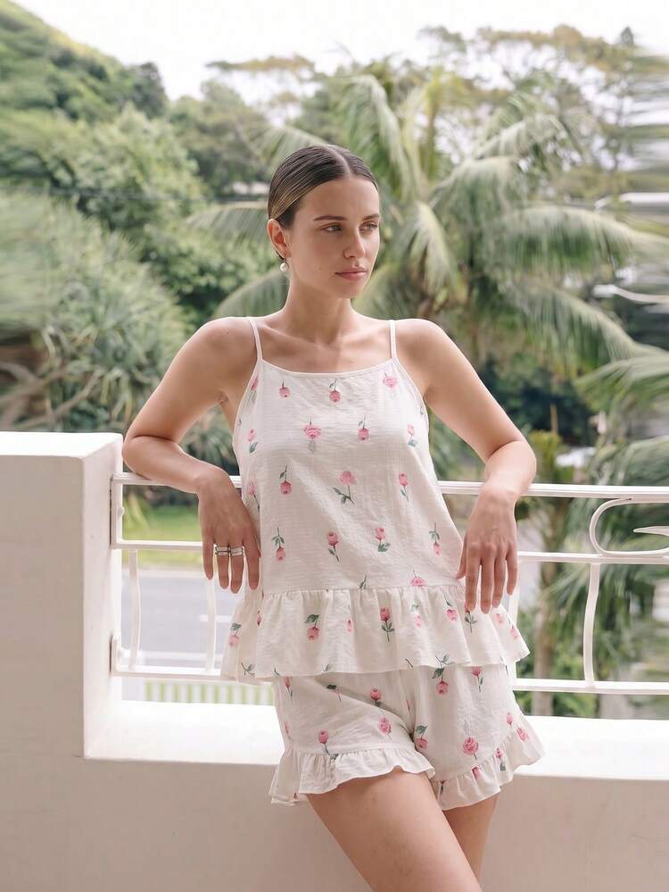 RS Pajama1 Women's Romantic Red Floral Print Camisole Top And Shorts 2-Piece Pajama Set - White - View 5