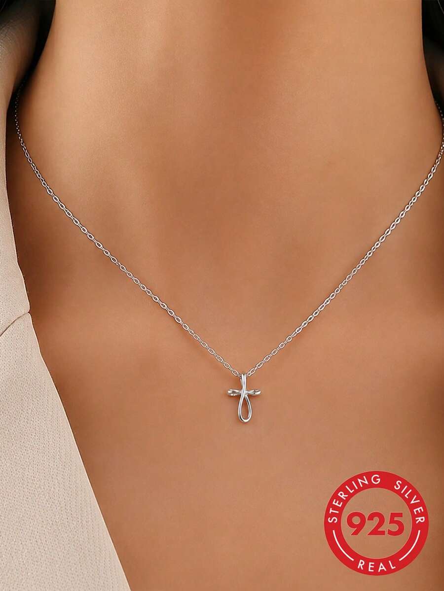 1 Peça Colar de Cruz de Linha Minimalista Mini em Prata Esterlina S925 Estilo Coreano Ins para Mulheres, Uso Diário, Encontro, Férias, Versátil, Elegante, Fresco, Moda, Casual, Delicado, Sofisticado, Corrente de Clavícula, Adequado para Presente de Feriado - cruzar - Visão 1