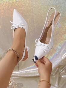 White Patent Pointed Toe Slingback Heels With Bow - Pure Graceful Summer Mules For Bridal Shower, Tea Party & Afternoon Stroll - White - View 3