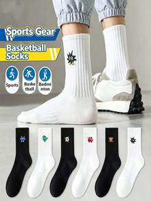 1/3/6 Pairs Cartoon Monster Embroidered Men's Mid-Calf Sports Socks, Breathable And Moisture-Wicking, Daily Sports Basketball Socks, All-Season Versatile - Black and White - View 3