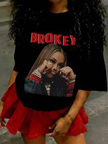 Loose Y2K Stylish Letter Print T Shirt - Casual Round Neck,Short Sleeves,Machine Washable - Suitable For Spring/Summer/Autumn,Fashion Style - 黑色 - 查看 7