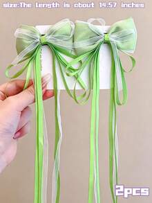 2pcs Macaron Color Satin Pearl Luster Tulle Long Ribbon Bow Hair Clips, Suitable For Children, Non-Slip Alligator Hair Clip Base, Multiple Colors Available, Children's Daily Accessories/Performance/Photography - Multicolor - View 13