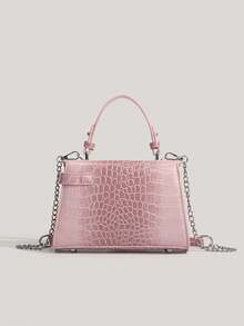 Sweet Cool Y2K High-End Lock Design Crocodile Embossed Small Square Bag Versatile Shoulder Crossbody Handbag - Pink - View 7