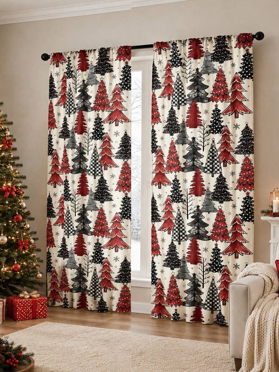 2 Stücke Vorhänge mit Weihnachtsmuster, rot schwarz weiß nordischer Stil Muster, Vorhänge mit Stangendurchzug, Winterfeiertage Leinenmischung, moderne Feiertags-Heimdekoration, Weihnachts-Wohnzimmer-Schlafzimmer-Vorhänge - Verschiedenfarbig - Übersicht 1