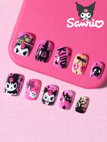 Sanrio Hello Kitty 萬聖節 24片短方型法式穿戴甲，可愛 Kuromi、幽靈與蝙蝠圖案，完美貼合的壓克力假指甲套組，含 1 個果凍膠與 1 個指甲锉，適合女孩與女性日常使用及家庭聚會 - 彩色 - 查看 2