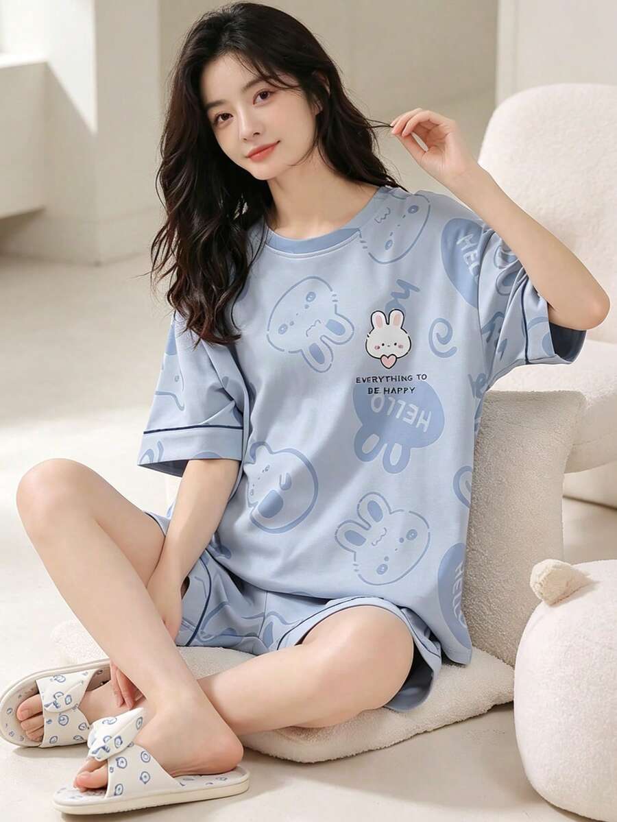 AICJ طقم ملابس علوية وشورت مطبوع بأرنب بتصميم بسيط وعادي، 2 قطعة، مثالي كهدية لعيد الأم وعيد الحب والسنة الجديدة، للربيع والصيف، لون أزرق فاتح - الأزرق - مشاهدة 1