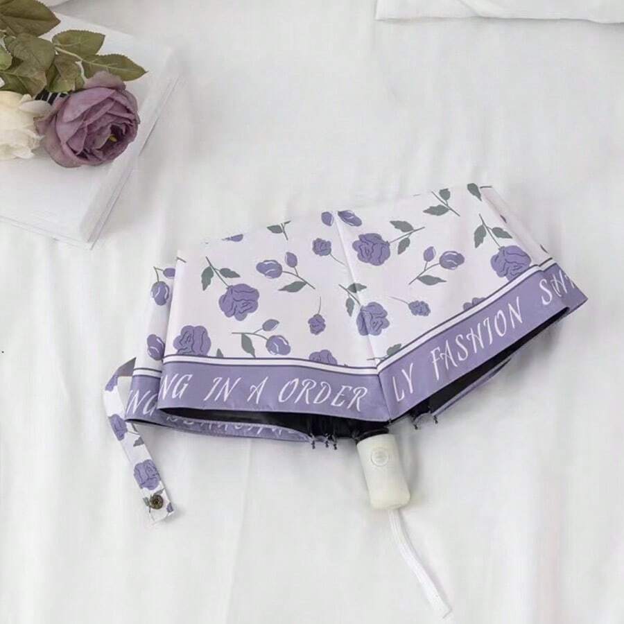 清新紫色玫瑰花卉圖案全自動折疊8骨女款時尚遮陽雨傘 - 自動雨傘 - 查看 1