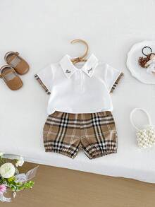 Miniweenns Unisex Baby & Toddler Back To School Summer Letter Embroidered Polo Collar Set, White & Brown Plaid Short Sleeve Top + Shorts 2-Piece Outfit - Multicolor - View 3