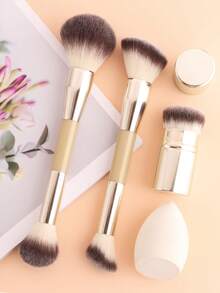 ronshadow 2pcs Dual-Ended Multi-Function Makeup Brushes + Short Retractable Blush Brush With Makeup Sponge 4-Piece Set, Powder Brush, Angled Blush & Foundation Brush, Retractable Portable Foundation Brush, Full Face Base Makeup & Color Makeup Tools - Multicolor - View 2