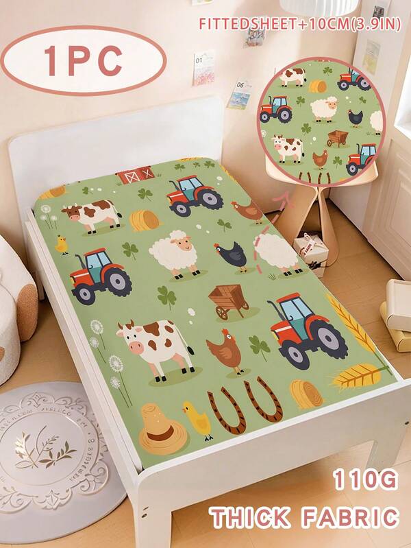 1PC Farm Animals Tractor Fitted Sheet, Green Cow Sheep Print Kids Bedding, Machine Washable Toddler Bed Sheet For Boys Bedroom Decor