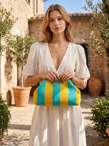 New Fashion Colorblock Striped Knit Handle Tote Bag, Foldable Clutch, Women's Wallet, Suitable For Party, Travel, Campus Daily Use - Color-blocked Stripes - View 8