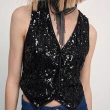 Women's Black Sequin Top: Sleeveless V-Neck Non-Stretch Cropped Vest, Suitable For Party Cocktail Events - Black - View 11