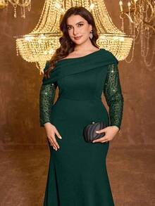 UNITHORSE Plus Size Women's Elegant Asymmetrical Shoulder Cinched Waist Evening Dress Wedding Party Fall - Dark Green - View 5