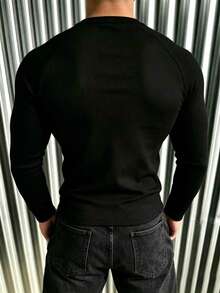 New Men's Casual Classic Ribbed Texture Crew Neck Raglan Sleeve Versatile Long Sleeve T-Shirt - Black - View 2