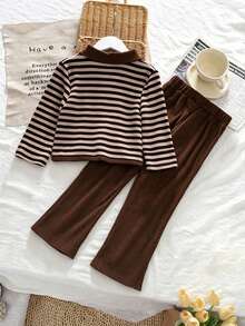 bearleader 3 To 7 Years Girls Fashion Clothing Sets Fall Striped Zipper Lapel Long Sleeved Top And Solid Color Pants Two Pieces - Brown - View 2