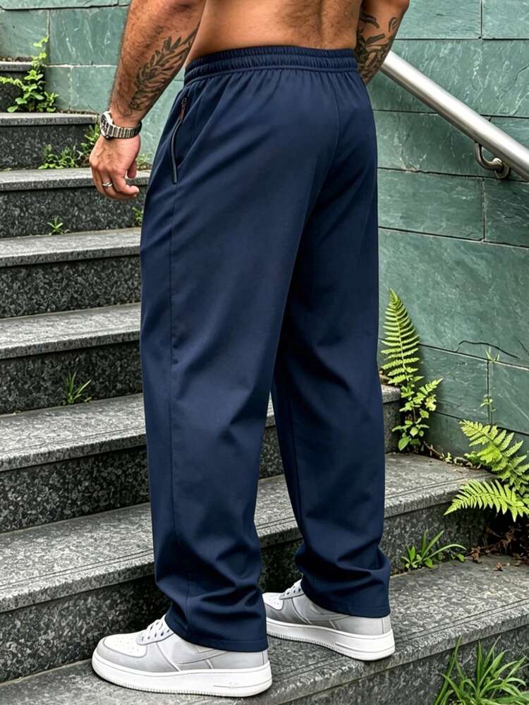 1Pc Men's Plus Size Summer Casual Pants, Stretch Drawstring Waist, Straight-Leg Trousers With Zipper Pockets, Suitable For Daily & Outdoor Wear - Royal Blue - View 2