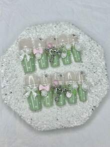 10 Peças Unhas Postiças Vintage Verde Menta Lolita Feitas à Mão com Laço, Pérola, Poá e Trevo, Removíveis e Reutilizáveis, Suprimentos de Arte de Unhas (1 Peça Adesivo de Gelatina + 1 Peça Lixa de Unha) - Multicolorido - Visão 12